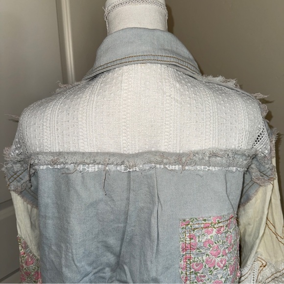 Patchwork Denim and Lace Jacket Distressed Boho Denim Shacket Mixed Floral Lace - Picture 10 of 17